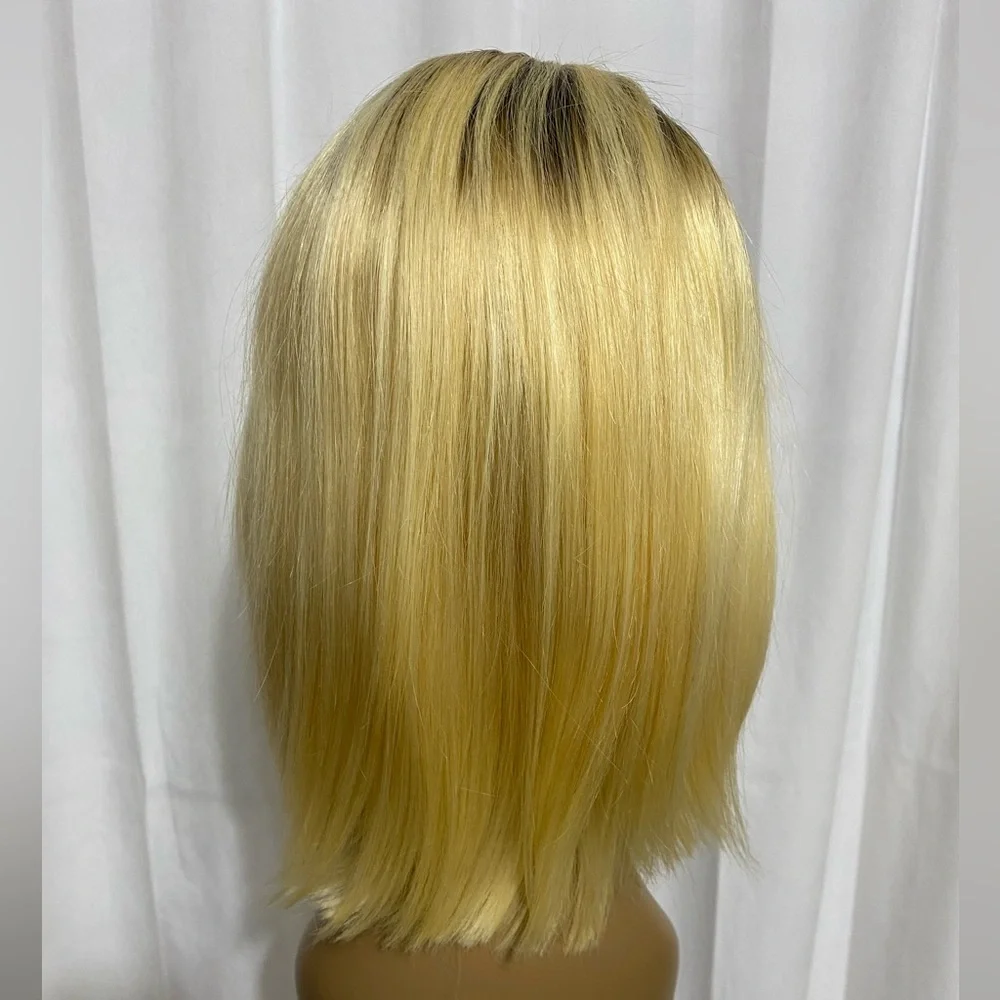 Short Ombré Blonde Bob Wig 100% Human Hair Lace Front T Part Wig 12” Blunt Cut
